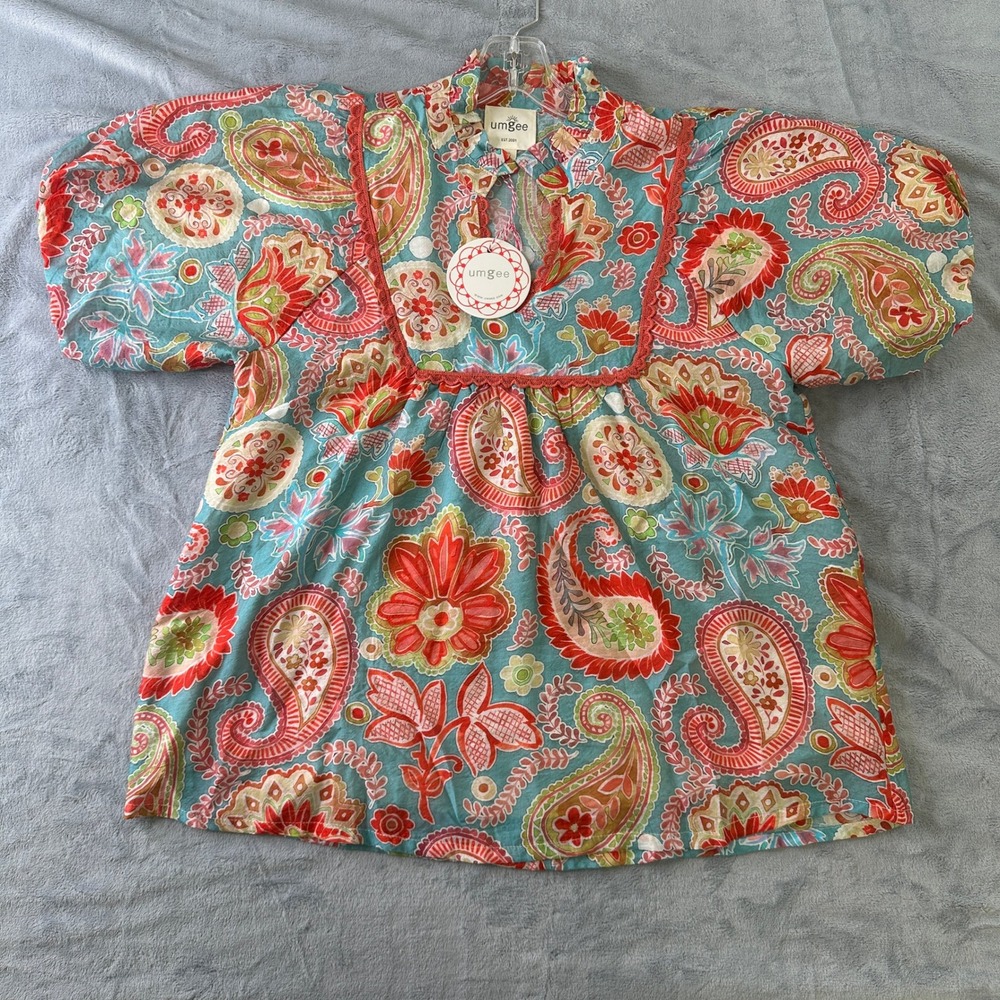 Umgee Womens Paisley Floral Babydoll Blouse Teal Coral Puff Sleeve K1456 Small